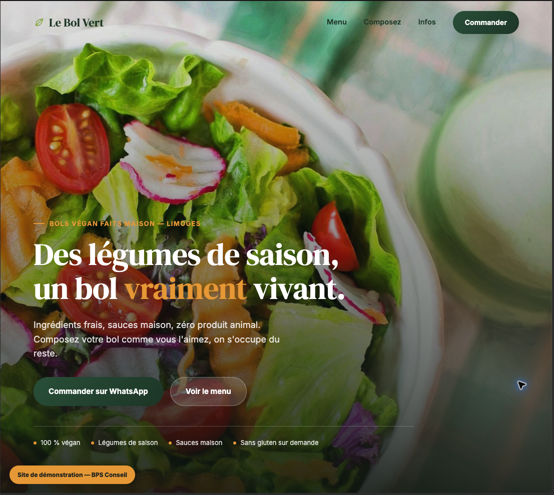 Capture de la page d’accueil du bar à bols Le Bol Vert